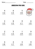 Addition worksheet with cartoon Santa Claus. Math game. vector