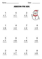 Addition worksheet with cartoon snowman. Math game. vector