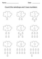 Color the raindrops and trace numbers inside clouds. vector