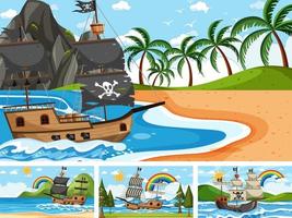 conjunto de escenas oceánicas en diferentes momentos con barco pirata en estilo de dibujos animados