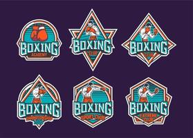 Diseño de emblema de logotipo de insignia retro de boxeo con paquete de ilustración de boxeador con color turquesa y naranja vector