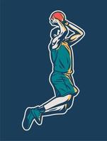 Vintage retro illustration of player jump and do dunk with two hand vector