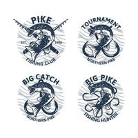 set of northern pike fishing logo club tournament big catch, vintage emblem badge vector