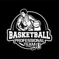 equipo profesional de baloncesto moderno logo insignia regate jugador de pelota en blanco y negro vector