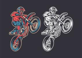 Vintage retro illustration motocross jump color and black white vector