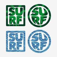 Diseño de logotipo de surf con palmera y fondo de mar en la letra vector