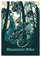 bicicleta de montaña, ciclismo, en, bosque, vendimia, retro, cartel, ilustración vector