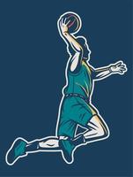 Vintage retro illustration of player jump and do dunk with one hand vector