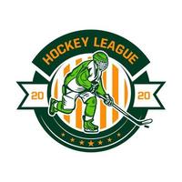 Plantilla de logotipo de insignia de la liga de hockey con ilustración de jugador vector