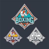 diseño de la etiqueta del emblema del logotipo de la insignia del club de boxeo con el paquete de la ilustración del boxeador vector