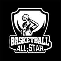 jugador estrella haciendo tiro en el campeonato de baloncesto. Insignia del logotipo deportivo para tu equipo de baloncesto en blanco y negro. vector