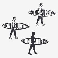 ido a surfear cita tipografía con ilustración vintage hombres caminando con la tabla de surf vector