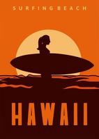 surfing beach hawaii poster illustration design woman silhouette surfboard vintage retro style vector