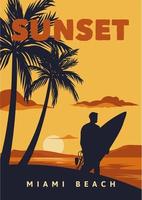 puesta de sol miami beach cartel ilustración surf estilo retro vintage vector