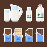 Milk and Chocolate Stickers Set. Flat Style. Collection of Candy Bars and Dairy products in different package for logo, print, recipe, menu, decor and decoration vector