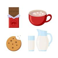 Sweet Snacks Collection. Flat Style. Chocolate, Coockie, Cacaoand Milk. Winter Goodies Icons Set for logo, label, sticker, print, recipe, menu decor and decoration