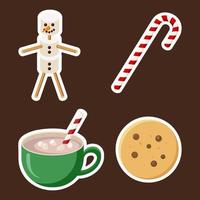 Christmas Sweets Stickers Set. Cookie, Cacao, Marshmallow Snowman and cristmas candy. Winter Goodies Set for Greeting and Invitation Design and decoration vector