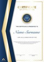 Plantilla de certificado de diploma de color azul y dorado con imagen vectorial de lujo y estilo moderno, adecuada para la apreciación. ilustración vectorial. vector