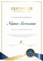 diploma certificate template blue and gold color with luxury and modern style vector image, suitable for appreciation.  Vector illustration.