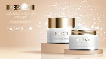 Hydrating facial cream on glitter particles background. Poster, Brochures, Banner, Print media Graceful cosmetic ads, illustration