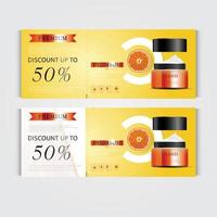 Gift voucher hydrating facial cream for annual sale or festival sale. silver and orange cream mask bottle isolated on glitter particles background. Banner graceful cosmetic ads, illustration. vector