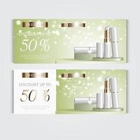 Gift voucher hydrating facial lipstick for annual sale or festival sale. white and gold lipstick mask bottle isolated on glitter particles background.
