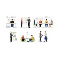 Office work flat vector illustrations set. Coworking, negotiations, business meeting, conference. Workers, managers, business people isolated cartoon characters. Project management, working process