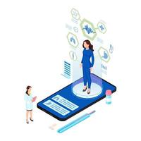 Remote body scanning isometric illustration. Patient hologram with internal organs analysis. Futuristic telemedicine with augmented reality options. Doctor, physician analysing client health condition vector