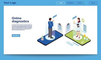 Online diagnostics service isometric website template. Traumatologist prescribing medication, painkillers for patient with broken arm. 3d doctor, client holograms on smartphone screen. Ehealth system vector