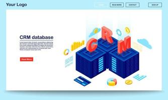 base de datos crm y plantilla de vector de página de destino isométrica del servidor. datos del cliente, interfaz del sitio web de almacenamiento de estadísticas de ventas. Software de gestión de relaciones con el cliente concepto de página web 3d