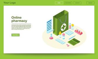 Online pharmacy website isometric template. 3d drugstore bag with prescription list. Pills, capsules in blisters for online order. Bottles with mixtures, vitamin supplements. Medication internet store vector