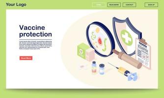 Vaccine protection webpage vector template with isometric illustration. Vaccination records, vial, syringe, virus. Immunization clinic. Website interface design. Webpage, mobile app 3d concept