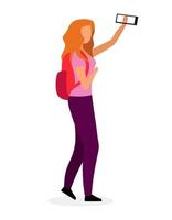 Stylish school girl taking selfie flat vector illustration. Modern teenage video blogger, vlogger, streamer, youtuber cartoon character. Teenager with backpack and smartphone going to school