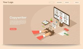 Copywriter landing page vector template. Content writer website interface with flat illustrations. Freelance journalist, editor homepage layout. Copywriting, blogging web banner, webpage concept