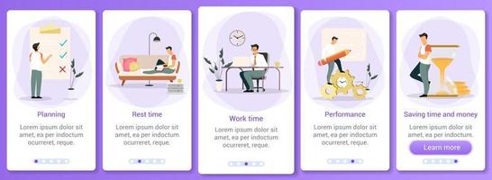 Time management onboarding mobile app screen vector template. Workflow organization. Manager planning work day. Walkthrough website steps with flat characters. UX, UI, GUI smartphone cartoon interface