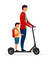 Schoolchildren riding scooter flat vector illustration. Schoolboy with younger brother cartoon characters on white background. Teenage and preteen children going to school. Friends have fun