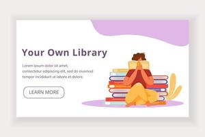 Your own library landing page vector template. World book day website interface idea with flat illustrations. Bookstore homepage layout. Keen reader web banner, webpage cartoon concept