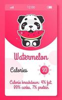 Pantalla de la aplicación móvil para niños del contador de calorías con un personaje kawaii de dibujos animados. widget de niña de teléfono inteligente rastreador de alimentos, maqueta de diseño de aplicaciones con oso panda. calculadora de calorías página de teléfono y animal vector