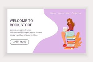 Welcome to book store landing page vector template. Bookshop website interface idea with flat illustrations. Library homepage layout. Reader sit on stack of tomes web banner, webpage cartoon concept