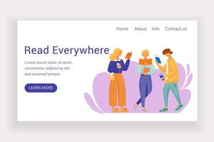 Read everywhere landing page vector template. Bookshop website interface idea with flat illustrations. Library homepage layout. Reading people, students web banner, webpage cartoon concept