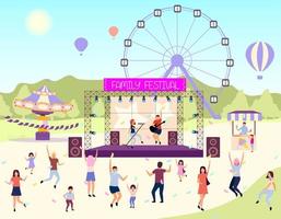 Ilustración de vector plano de actividades de festival familiar. Actuación en vivo al aire libre. rock, concierto de músico pop en el parque, campamento.Niños y padres pasan tiempo juntos. bailando personajes de dibujos animados