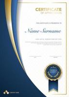 Plantilla de certificado de diploma de color azul y dorado con imagen vectorial de lujo y estilo moderno, adecuada para la apreciación. ilustración vectorial. vector