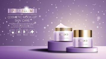 Hydrating facial cream on glitter particles background. Poster, Brochures, Banner, Print media Graceful cosmetic ads, illustration vector