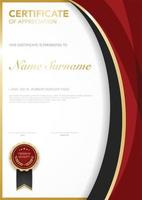 Plantilla de certificado de diploma de color rojo y dorado con imagen vectorial de lujo y estilo moderno, adecuada para la apreciación. ilustración vectorial.