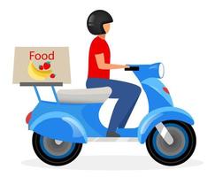 Ilustración de vector plano de mensajería de entrega de alimentos. repartidor conduciendo scooter personaje de dibujos animados aislado sobre fondo blanco. Cartero montando motocicleta, moto entregando concepto de pedido de restaurante