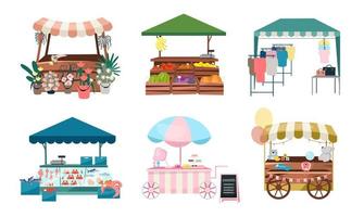 puestos de mercado conjunto de ilustraciones vectoriales planas. feria, carpas comerciales de feria, quioscos al aire libre y carritos. lugares de compras callejeras conceptos de dibujos animados. mostradores de mercado de verano para flores, verduras, artículos de ropa vector