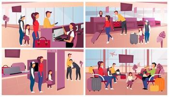 Airport check in flat vector illustrations set. Passport and security control, luggage check. Tourists in airport. Passengers in waiting room expecting departure, boarding cartoon characters