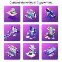 Content marketing and copywriting isometric concept icons set. Inbound digital marketing. PR campaign, online promotion. Advertising text writing. Copywriters, marketers, bloggers creating content vector