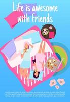 Sleepover party brochure template. Life with awesome with friends lettering. Girlfriends eat pizza. Girls night. Flyer, booklet, leaflet concept with flat illustration. Vector page layout for magazine