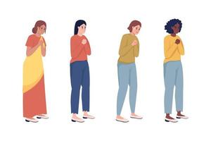 Worried women semi flat color vector characters set. Full body people on white. Nervous women squeezing hands together isolated modern cartoon style illustrations for graphic design and animation
